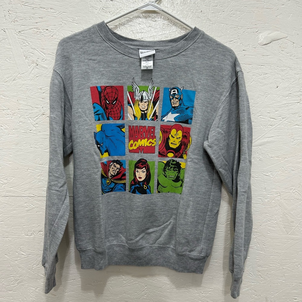 Marvel Gray Crewneck Sweater with Superhero Graphics - Size XS